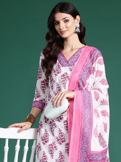 Indyancart IE Women Floral Printed Regular Pure Cotton Kurta with Palazzos & With Dupatta