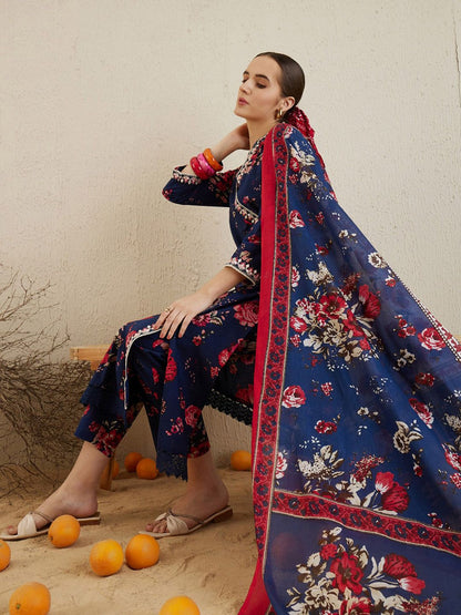Indyancart IE Plus Size Floral Printed Angrakha Pure Cotton Kurta Trousers & Dupatta