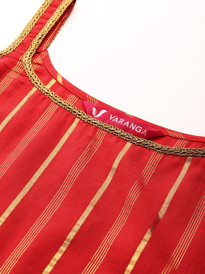 Indyancart VA Women's Red Gotta Patti Pure Cotton Kurta with Trousers & Dupatta