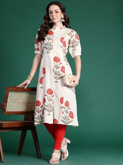 Indyancart IE Floral Printed Puff Sleeves Pure Cotton Kurta
