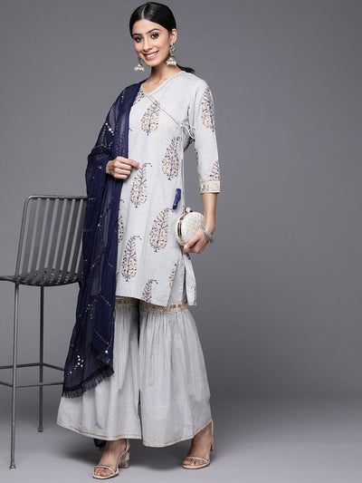 Indyancart VA Women's Grey & Navy Ethnic Printed Angrakha Pure Cotton Kurta with Sharara & Dupatta