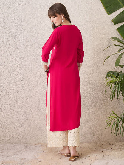 Indyancart IE Floral Embroidered Thread Work Straight Kurta