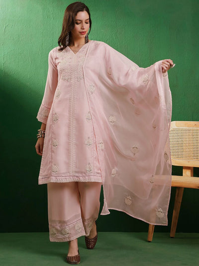 Indyancart SN Women's Peach & White Floral Embroidered Organza Straight Kurta With Trouser & Dupatta