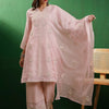 Dhiyona SN Women's Peach & White Floral Embroidered Organza Straight Kurta With Trouser & Dupatta
