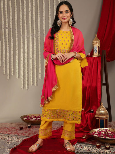 Indyancart VA Women'sFloral Embroidered Yoke Design Kurta with Trousers & With Dupatta