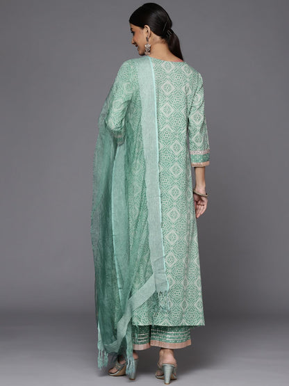 Indyancart VA Women's Teal Bandhani Printed High Slit Gotta Patti Pure Cotton Kurta with Palazzos & With Dupatta