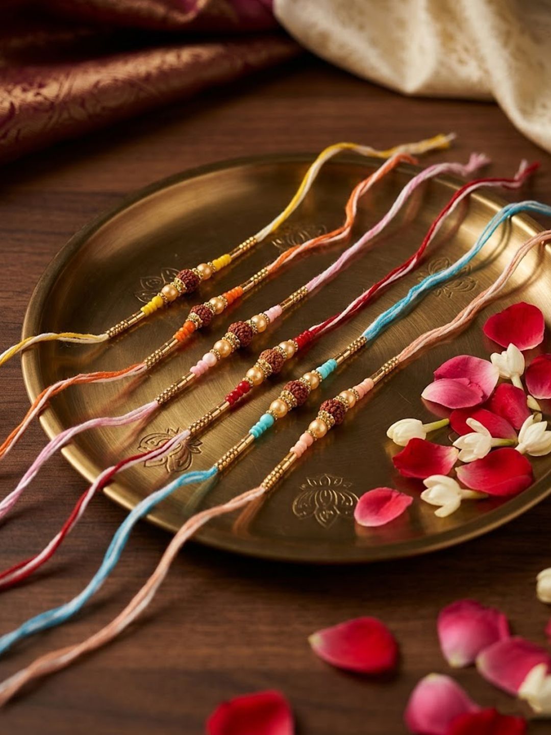 Anouk Set Of 6 Rudraksh & Artificial Beads Thread Rakhi With Roli Chawal Chandan Mishri