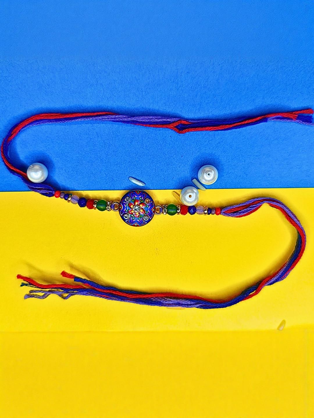 Anouk Set Of 3 Beaded Cotton Thread with AD Stones & Meenakari Designer Rakhi for Brother