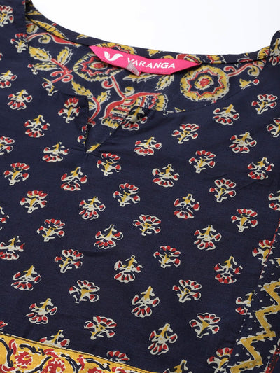 Indyancart VA Women's Navy Blue Ethnic Motifs Printed Pure Cotton Kurta with Trousers & With Dupatta