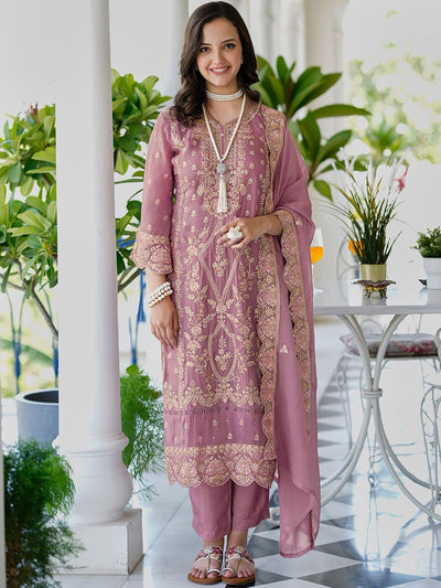 Indyancart IE Ethnic Motifs Embroidered V Neck Straight Kurta With Trousers & Dupatta