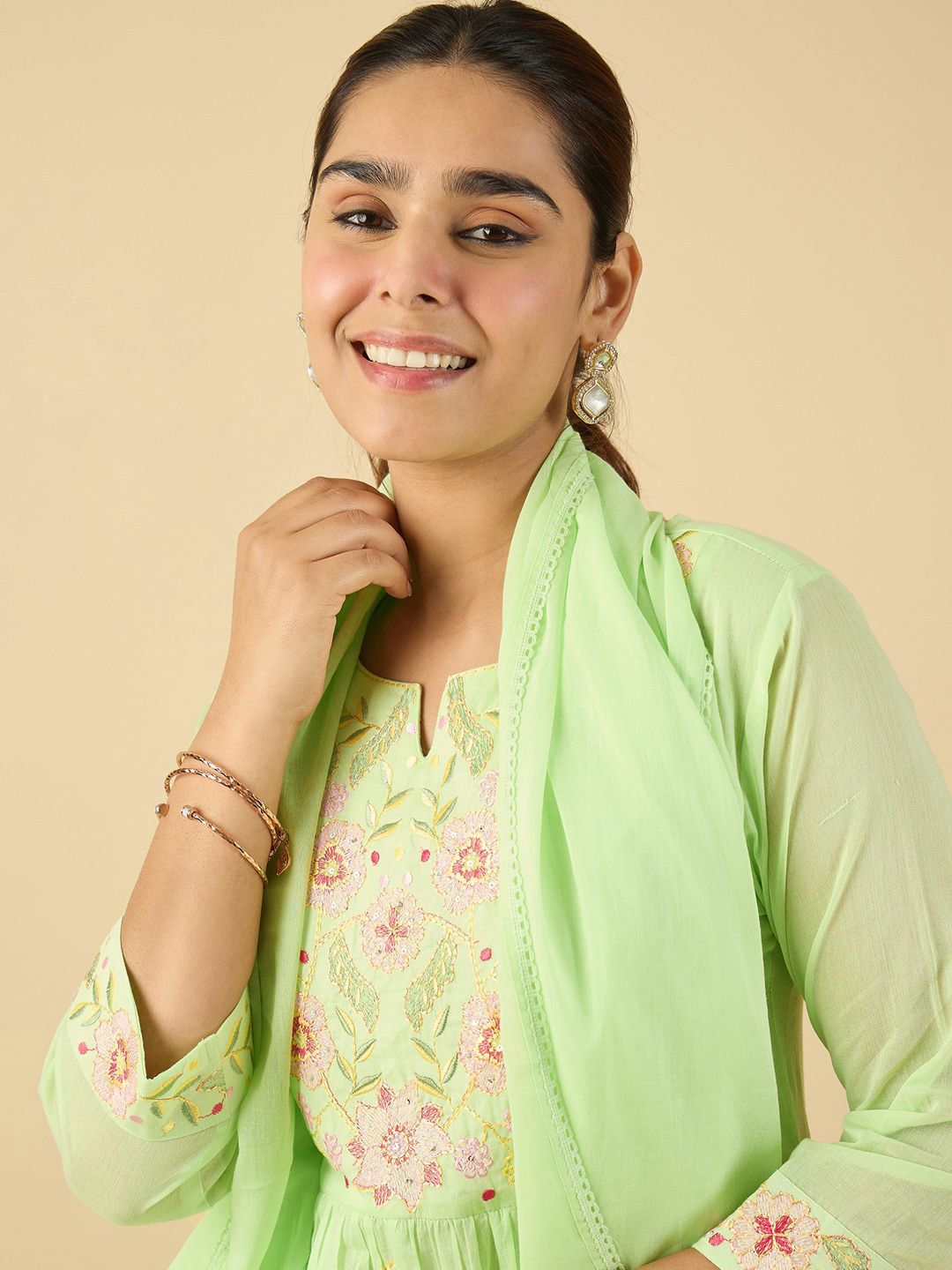 Indyancart IE Women Embroidered Pure Cotton A-Line Kurta with Trousers & With Dupatta