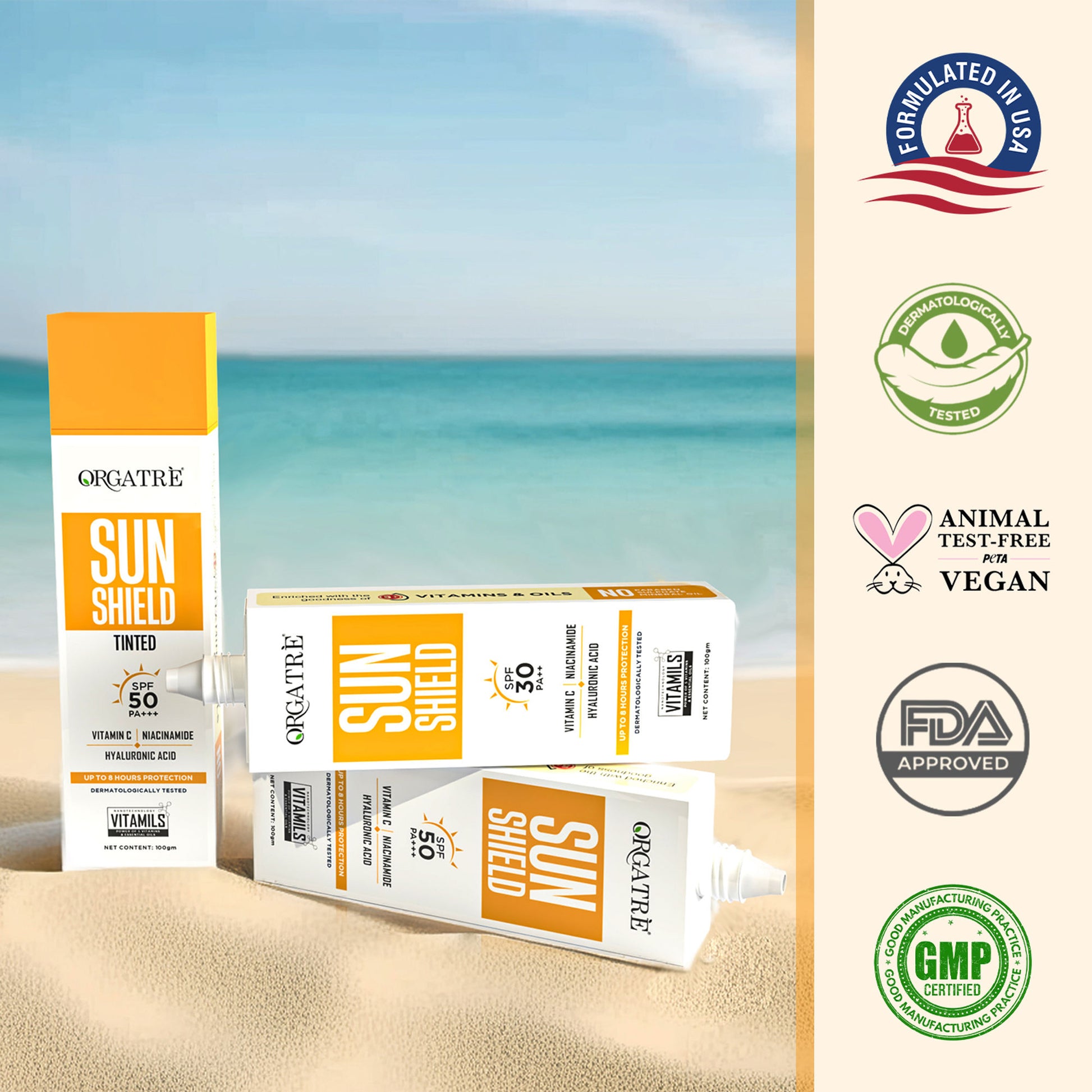 Orgatre Tinted Sunscreen SPF 50 PA+++ With Vit C, Niacinamide & Hyaluronic Acid, UVA/UVB Protection