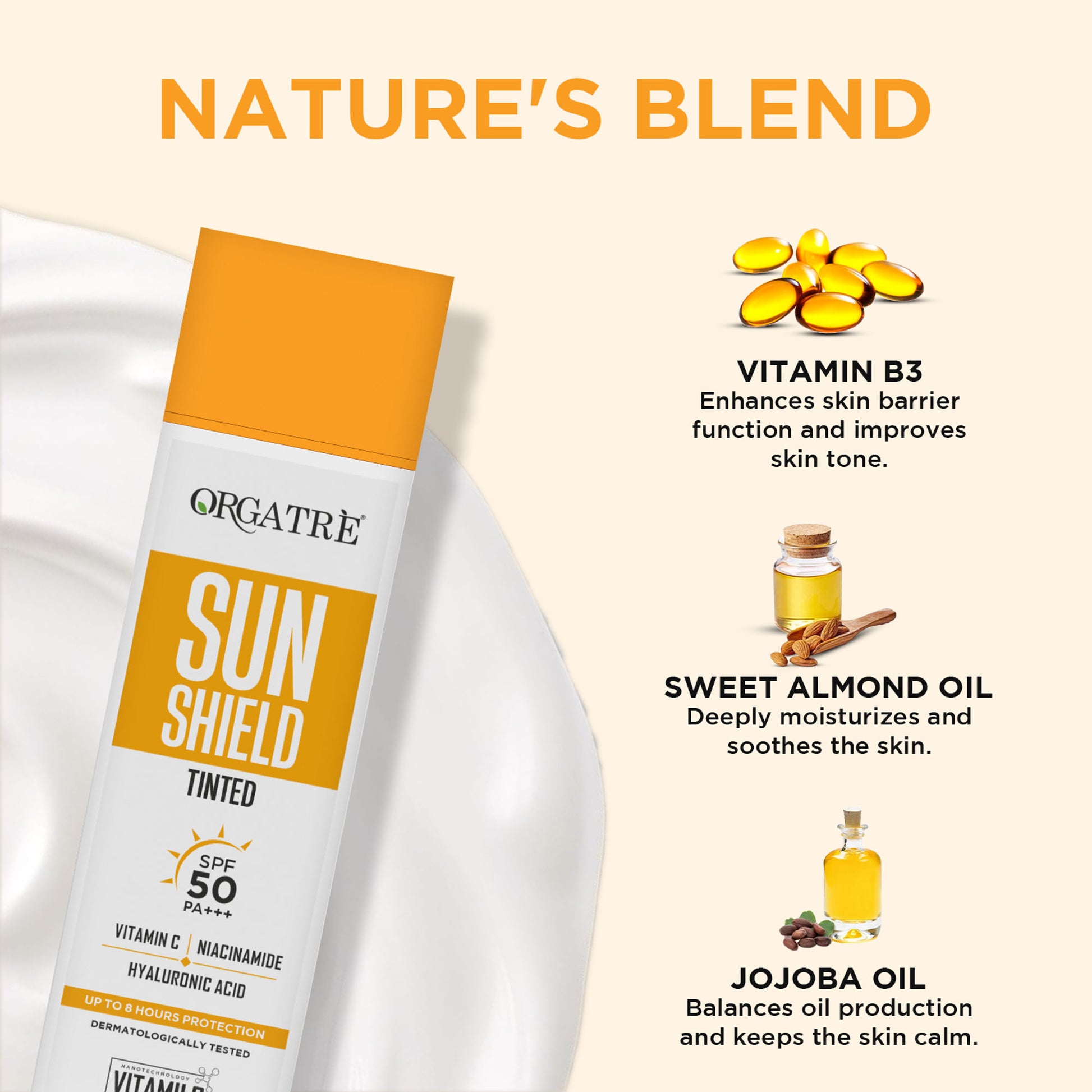 Orgatre Tinted Sunscreen SPF 50 PA+++ Niacinamide & Hyaluronic - Broad Spectrum UV A/B Protection