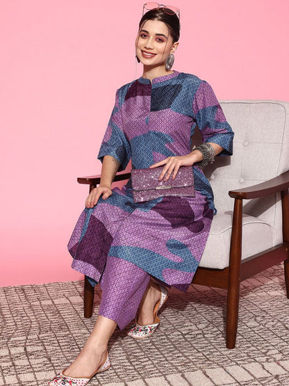 Indyancart VA Women'sAbstract Printed Mandarin Collar Straight Kurta with Trousers