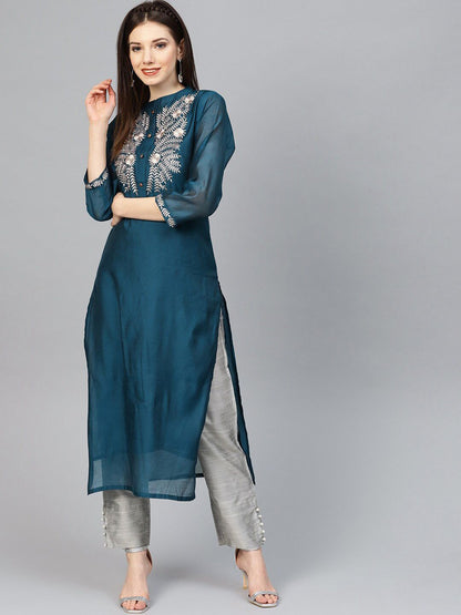 Indyancart VA Women's Navy Blue Floral Embroidered Regular Kurta with Trousers