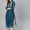 Indyancart VA Women's Navy Blue Floral Embroidered Regular Kurta with Trousers