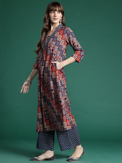 Indyancart IE Ethnic Motifs Printed Pleated Sequinned Pure Cotton Kurta with Palazzos