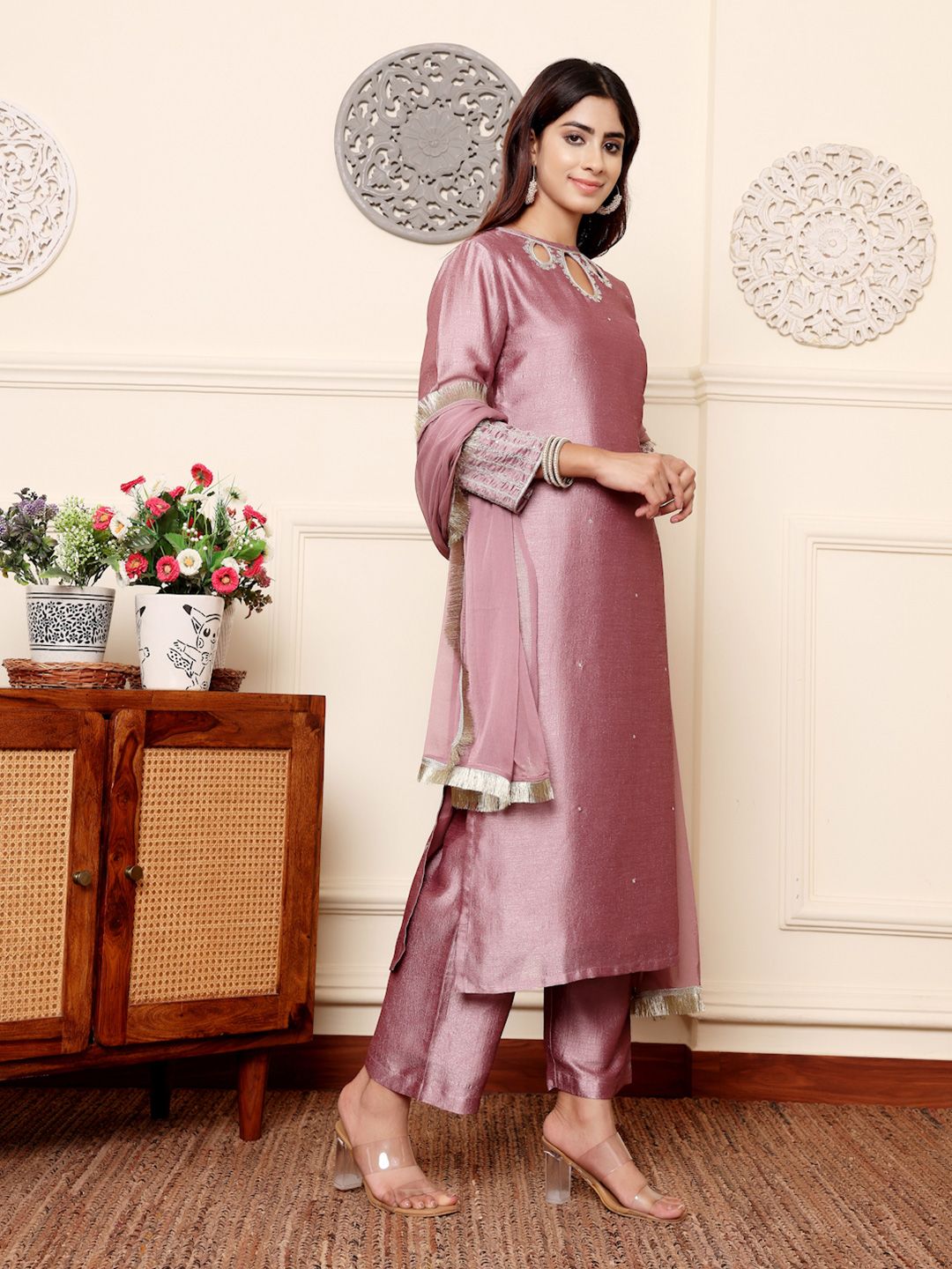 Indyancart VA Women'sLavender Sequinned Straight Kurta with Trousers & Dupatta