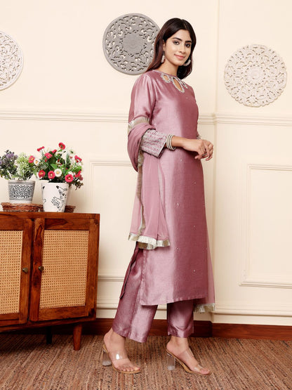 Indyancart VA Women'sLavender Sequinned Straight Kurta with Trousers & Dupatta