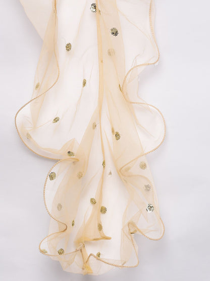 Indyancart VA Women's Peach-Coloured & Beige Floral Sequinned Kurta with Sharara & With Dupatta