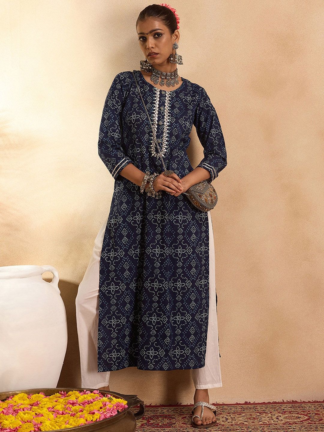 Dhiyona IE Bandahni Printed Calf Length Straight Kurta