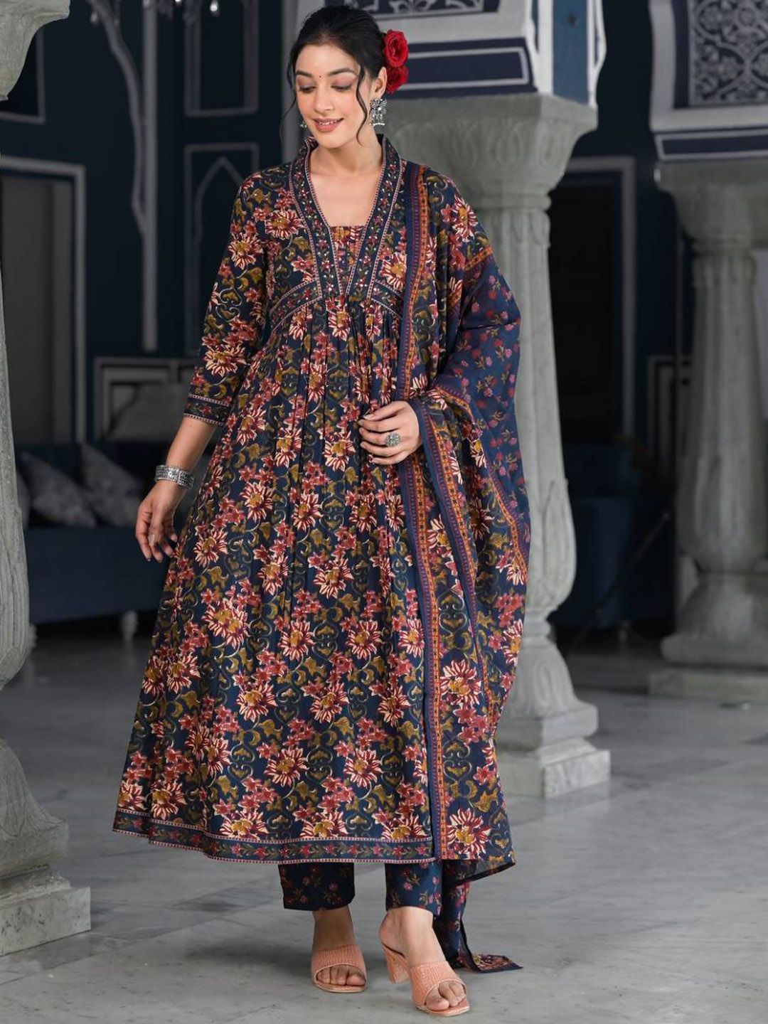 Indyancart VA Women'sFloral Printed & Sequinned Pure Cotton Anarkali Kurta With Trouser & Dupatta