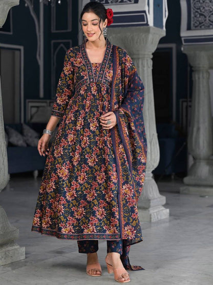 Indyancart VA Women'sFloral Printed & Sequinned Pure Cotton Anarkali Kurta With Trouser & Dupatta