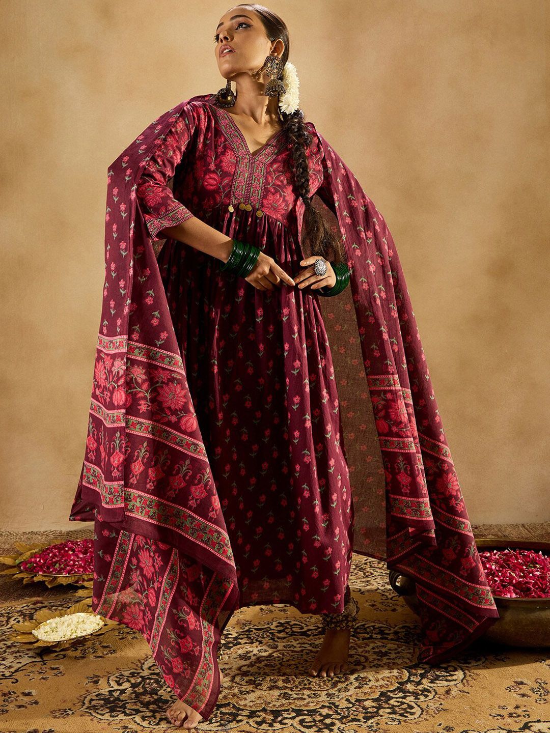 Indyancart IE Floral Printed Empire Pure Cotton A-Line Kurta with Trousers & Dupatta
