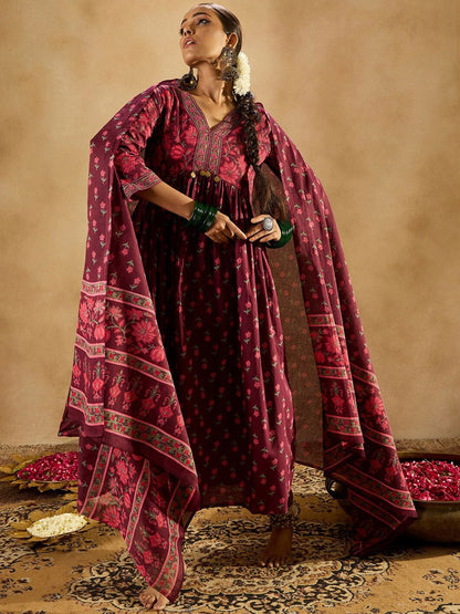 Indyancart IE Floral Printed Empire Pure Cotton A-Line Kurta with Trousers & Dupatta
