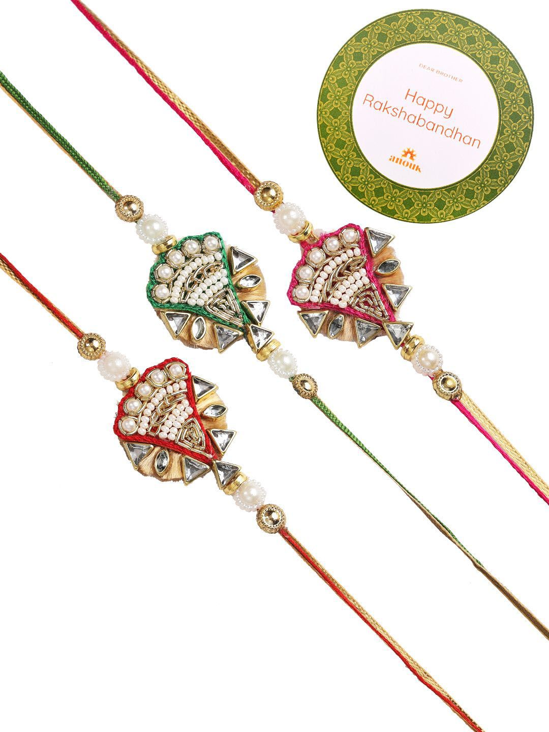 Anouk Red Set Of 3 Beaded & Embellished Thread Rakhi With Roli Chawal & Greeting Card