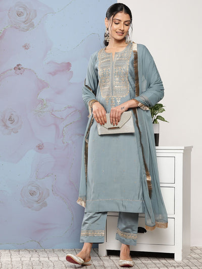 Indyancart VA Women's Grey Ethnic Motifs Gotta Patti Kurta with Trousers & With Dupatta