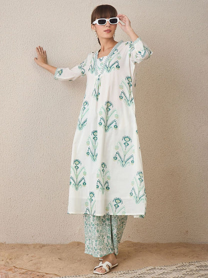 Indyancart IE Floral Printed Pure Cotton V Neck A-Line Tunic And Palazzos