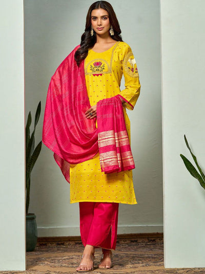 Indyancart SN Women's Floral Embroidered Chanderi Cotton Straight Kurta With Trousers And Dupatta