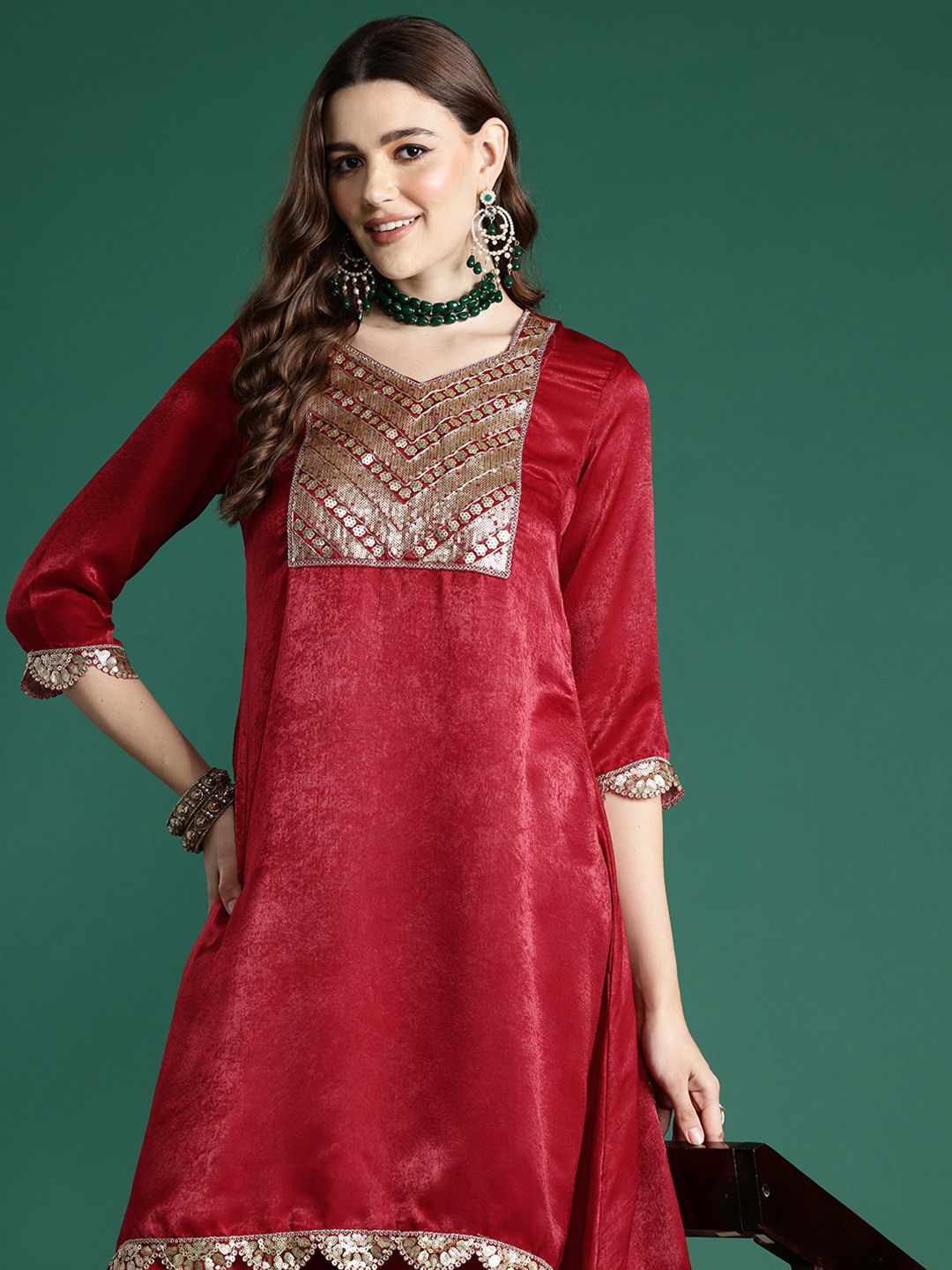 Indyancart SN Women's Velvet Finish Embellished Kurta Set