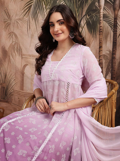 Indyancart SN Women's Floral Printed Semi Sheer Panelled Kurta with Sharara & Dupatta