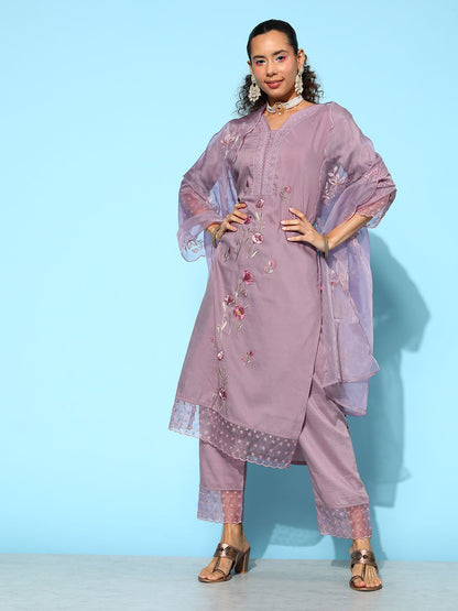 Indyancart VA Women's Mauve Floral Embroidered Thread Work Kurta With Trousers & Dupatta
