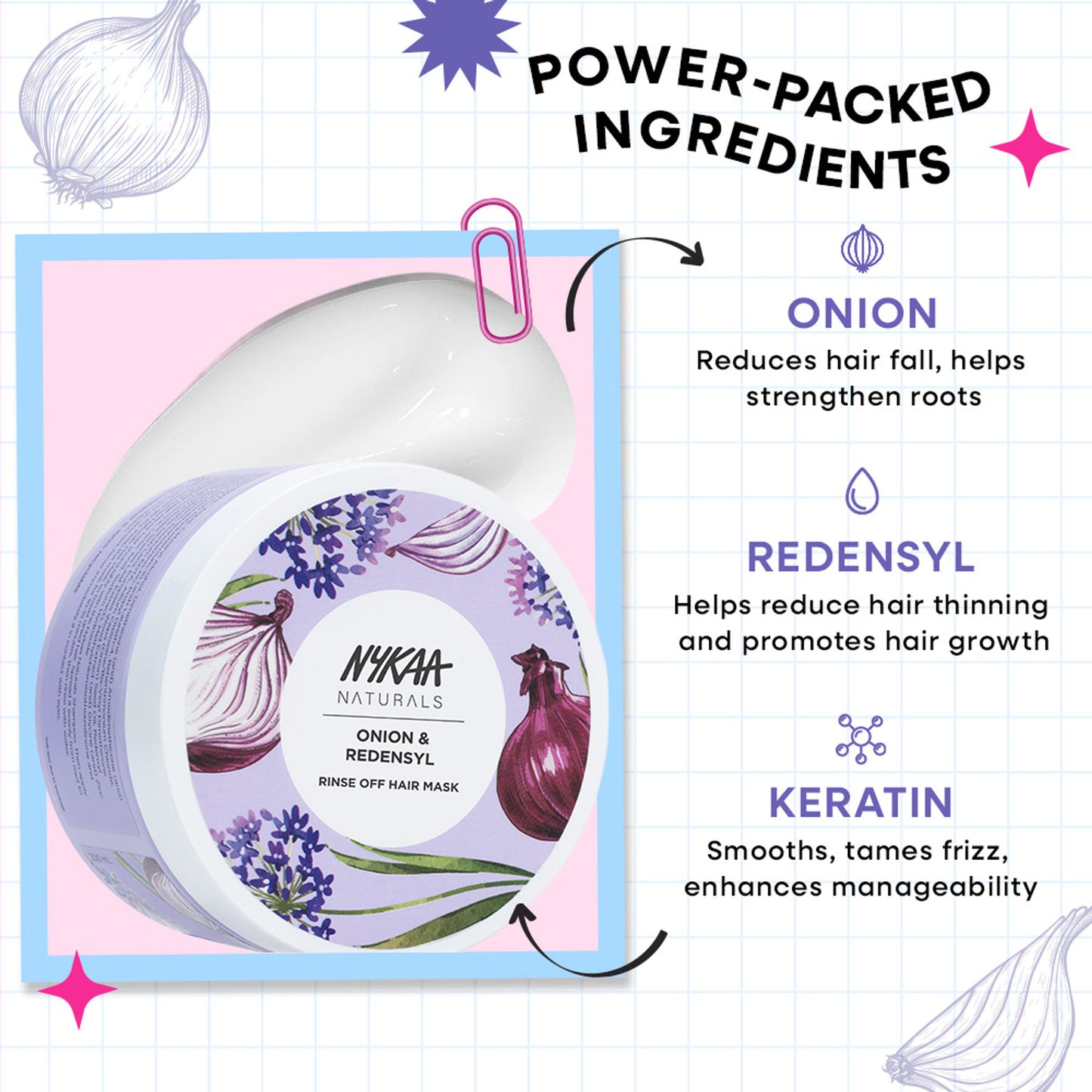 Nykaa Naturals Rice Water & Hyaluronic Acid Hair Mask for Frizz Control & Smooth, Shiny Hair - Onion And Redensyl