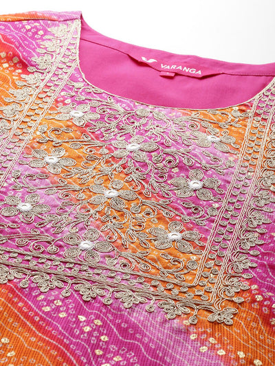 Indyancart VA Women'sBandhani Embroidered Zari Kurta with Trousers & Dupatta