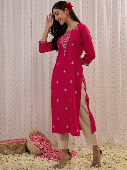 Indyancart IE Floral Embroidered Round Neck Three-Quarter Sleeves Floral Kurta