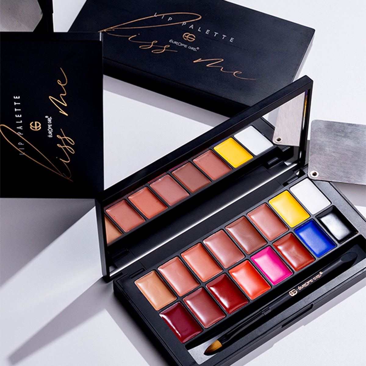 Europe Girl Kiss Me Lip Palette with vibrant shades, featuring a compact design and colorful lipstick options.