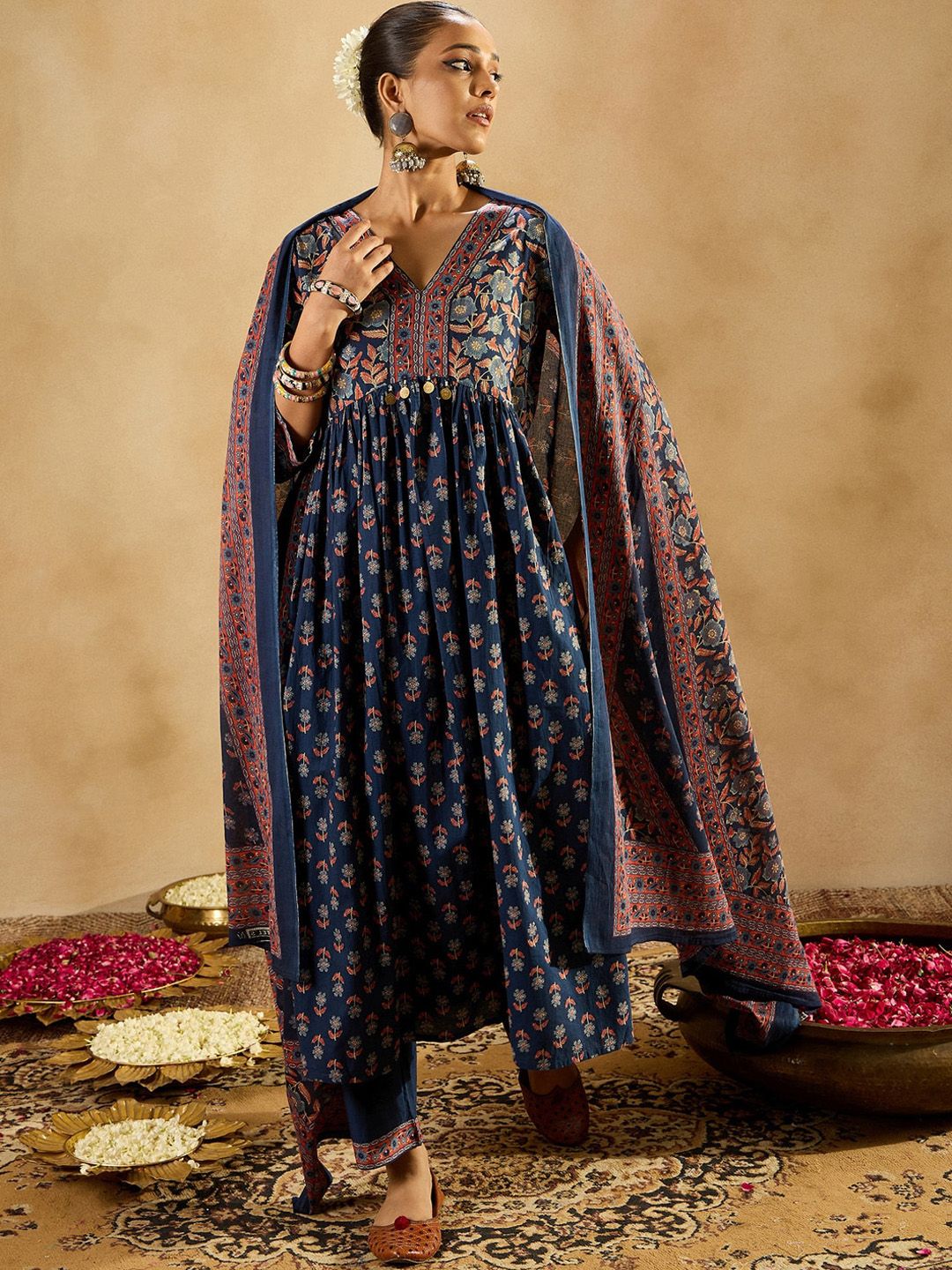 Indyancart IE Blue Floral Printed Empire V-Neck Flared Pure Cotton Straight Kurta Set