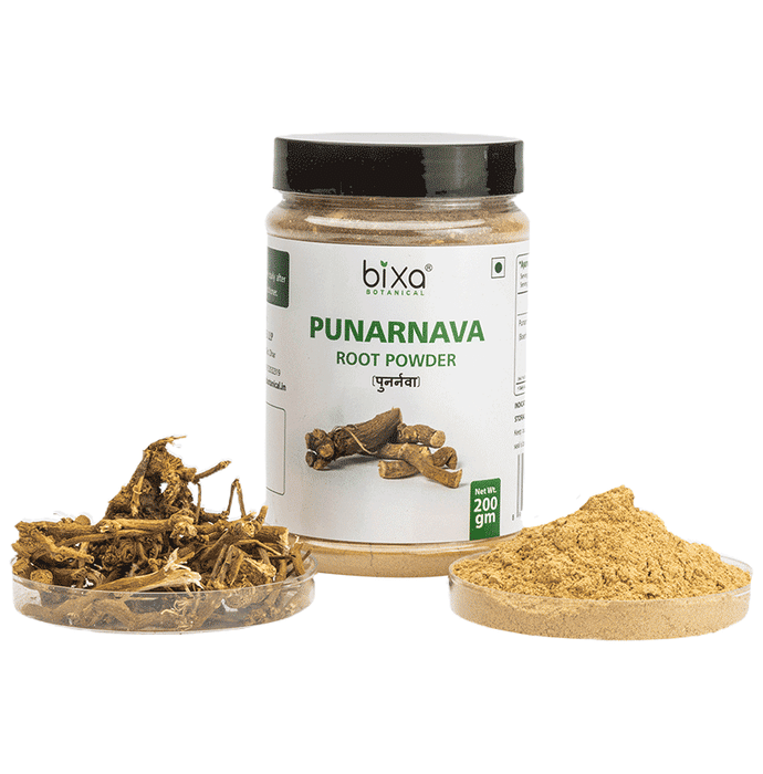 Bixa Botanical Punarnava Powder, Ayurvedic herbal powder in a clear container with a scoop, for natural health remedies.
