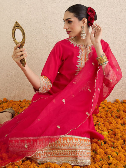 Ethnic Motifs Embroidered Notch Neck Straight Kurta With Trousers & Dupatta