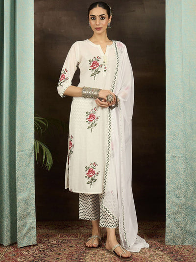 Indyancart IE Women Floral Printed Cotton Kurta with Trousers & With Dupatta