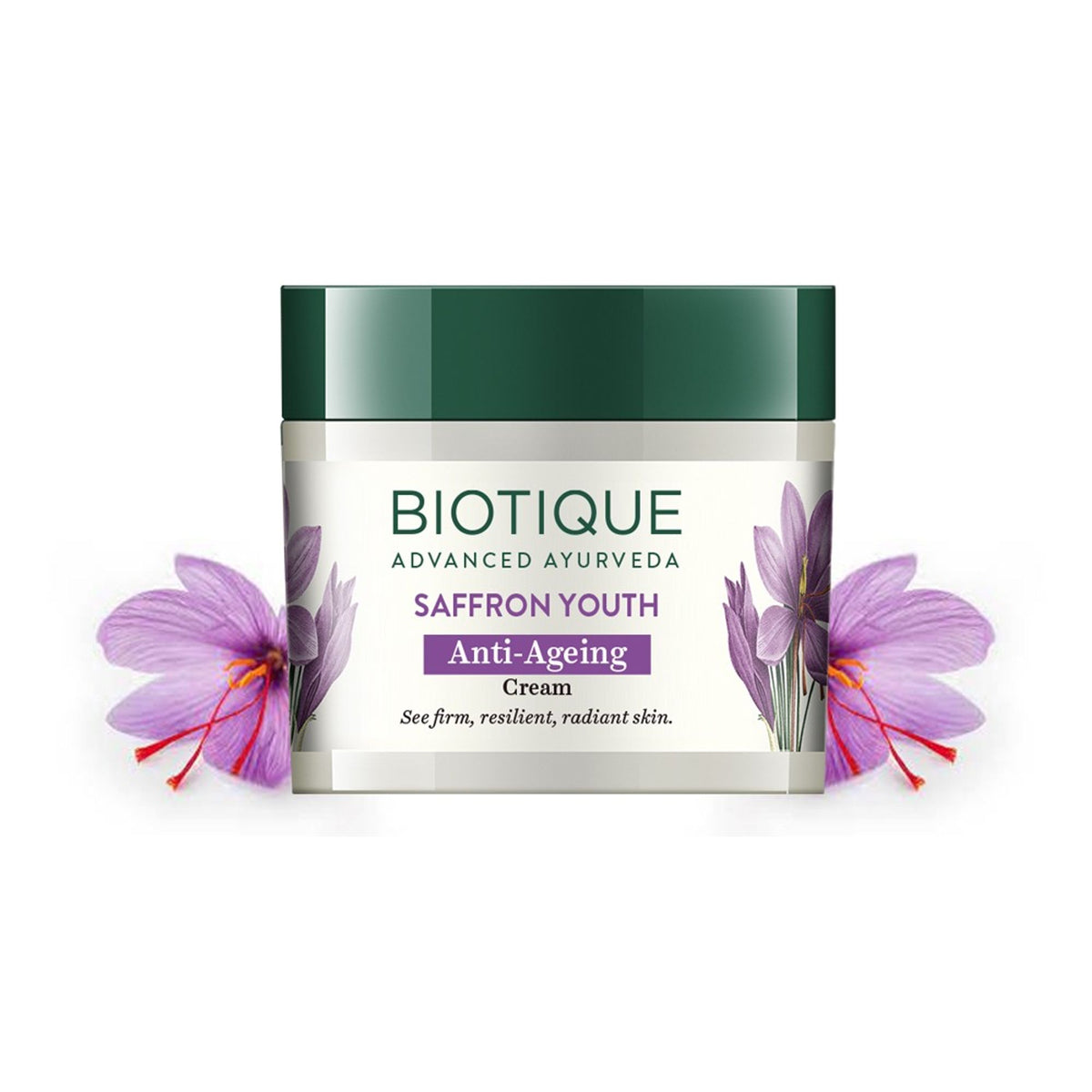 Biotique Saffron Youth anti-ageing cream jar with saffron-infused skincare for youthful skin and anti-aging benefits.