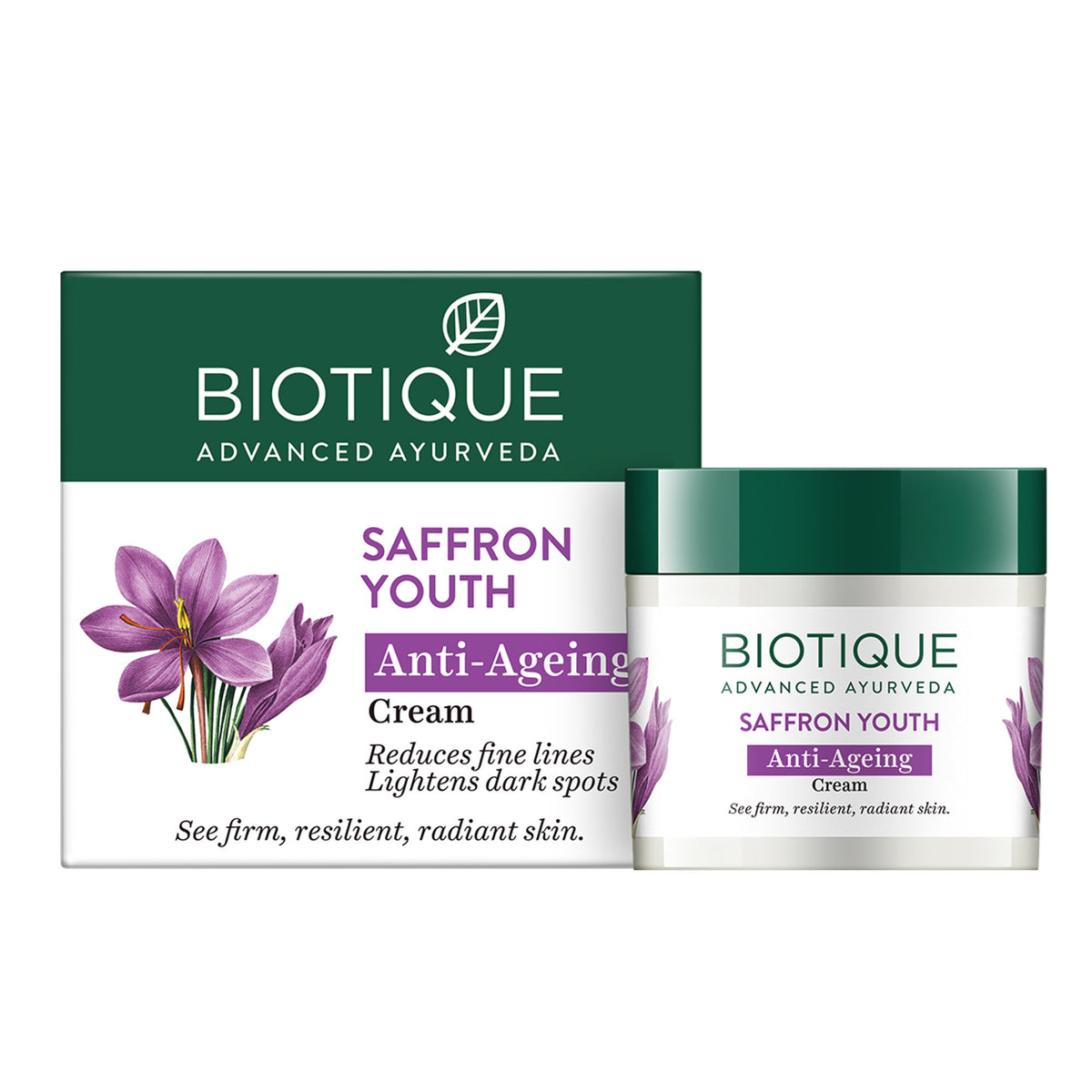 Biotique Saffron Youth anti-ageing cream jar with saffron and herbal ingredients for youthful skin.