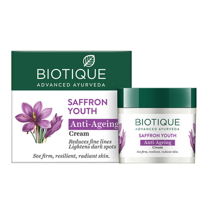 Biotique Saffron Youth anti-ageing cream jar with saffron and herbal ingredients for youthful skin.