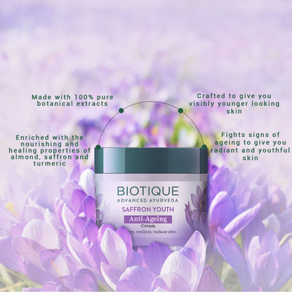 Biotique Saffron Youth Anti-Ageing Cream jar with saffron strands and cream texture visible in the image.