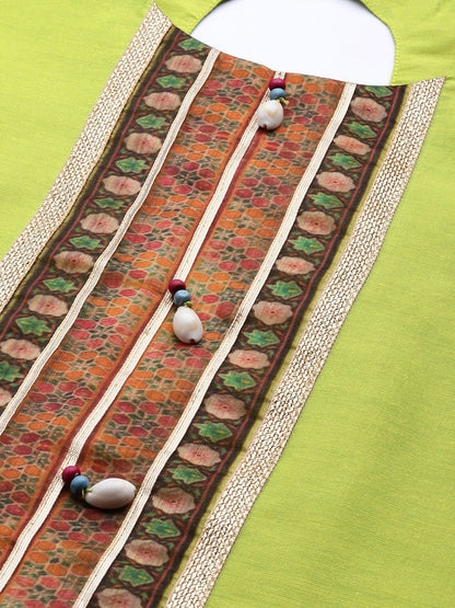 Indyancart VA Women's Lime Green Ethnic Motifs Yoke Design Beads and Stones Kurta with Trousers & With Dupatta