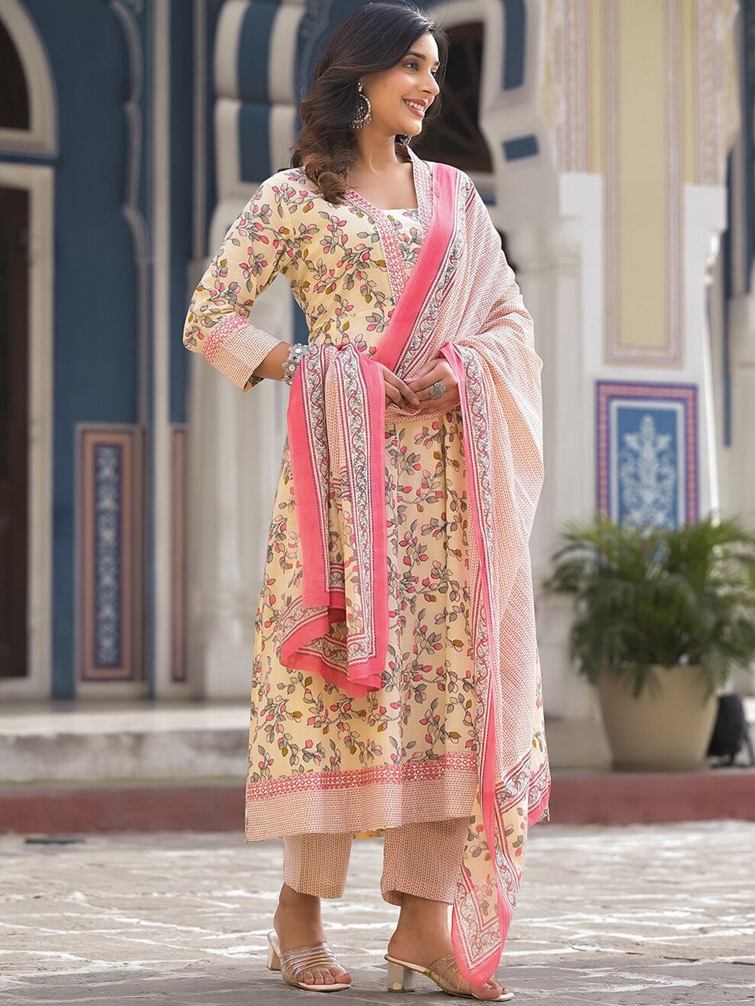 Indyancart VA Women'sFloral Printed Pure Cotton Empire Anarkali Kurta With Trouser & Dupatta